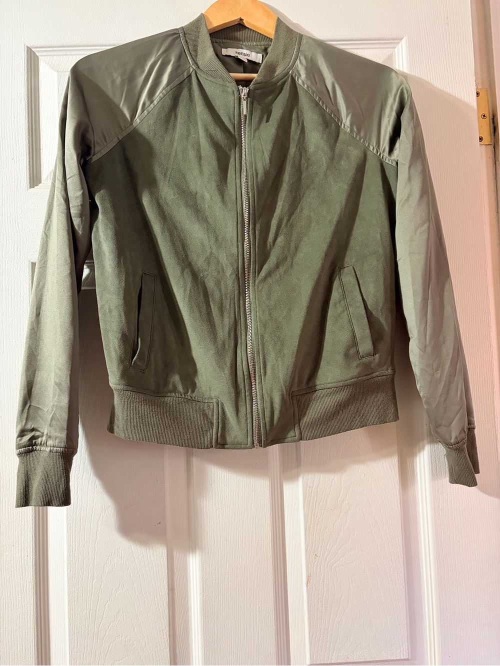 Kensie Olive Bomber Jacket with Ribbed Trim